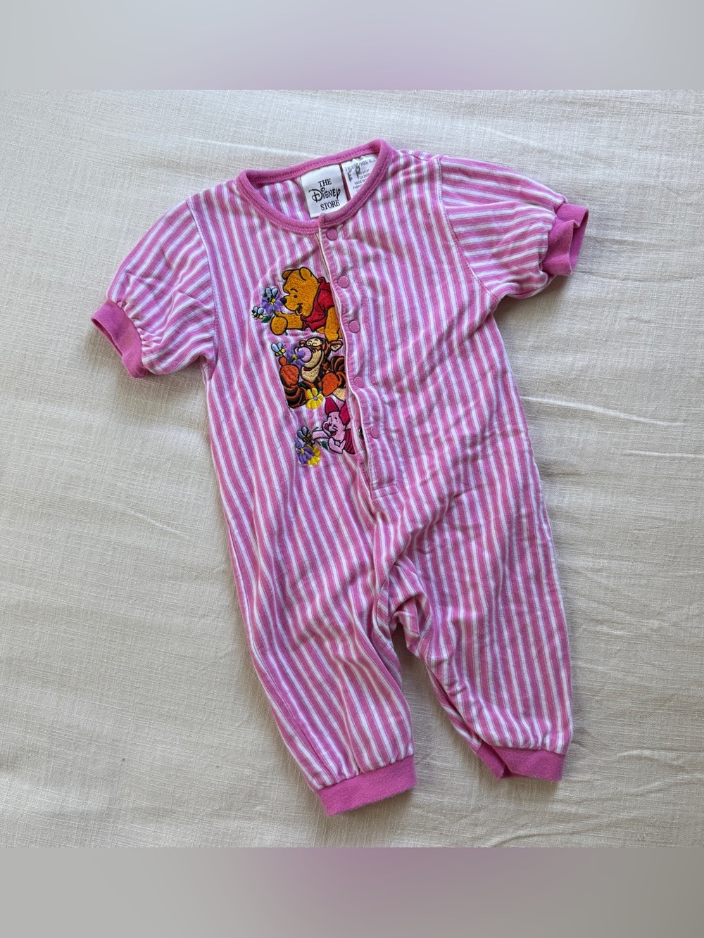 Vintage Disney Store Winnie the Pooh Tigger Pink Striped Baby Romper 3M